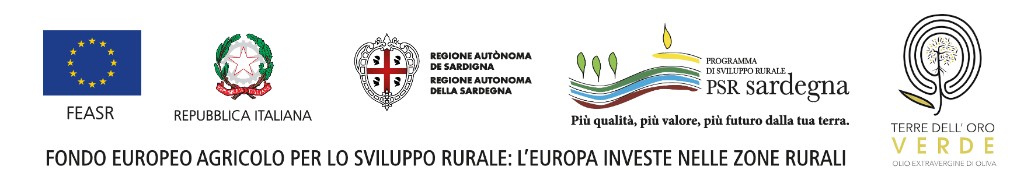Loghi FEASR, Repubblica Italiana, Regione Autonoma della Sardegna, PSR Sardegna e Terre dell’oro verde. Fondo europeo agricolo per lo sviluppo rurale: l’Europa investe nelle zone rurali.